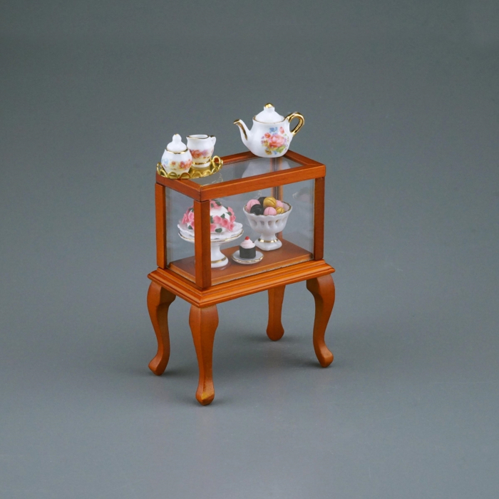 Glass Cabinet with Coffee Set and Cakes
