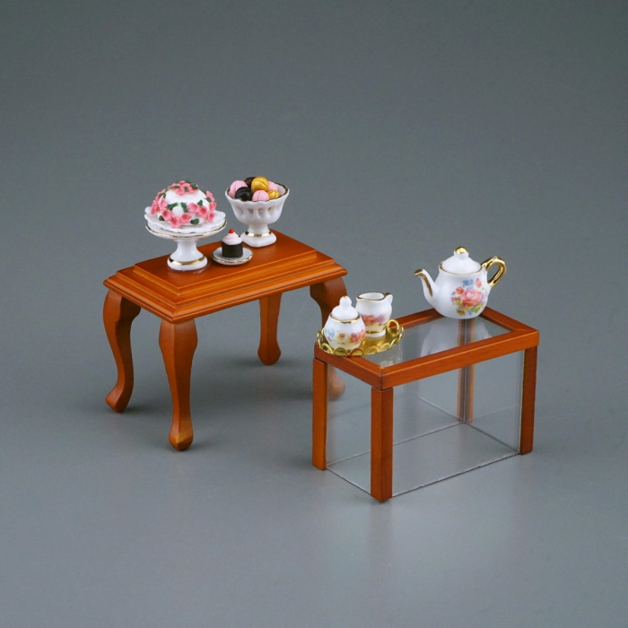 Glass Cabinet with Coffee Set and Cakes